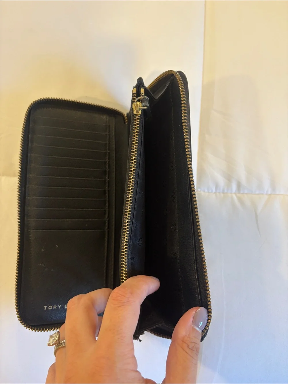 Tory Burch Black Zip-Around Saffiano Leather Wallet with Gold Logo